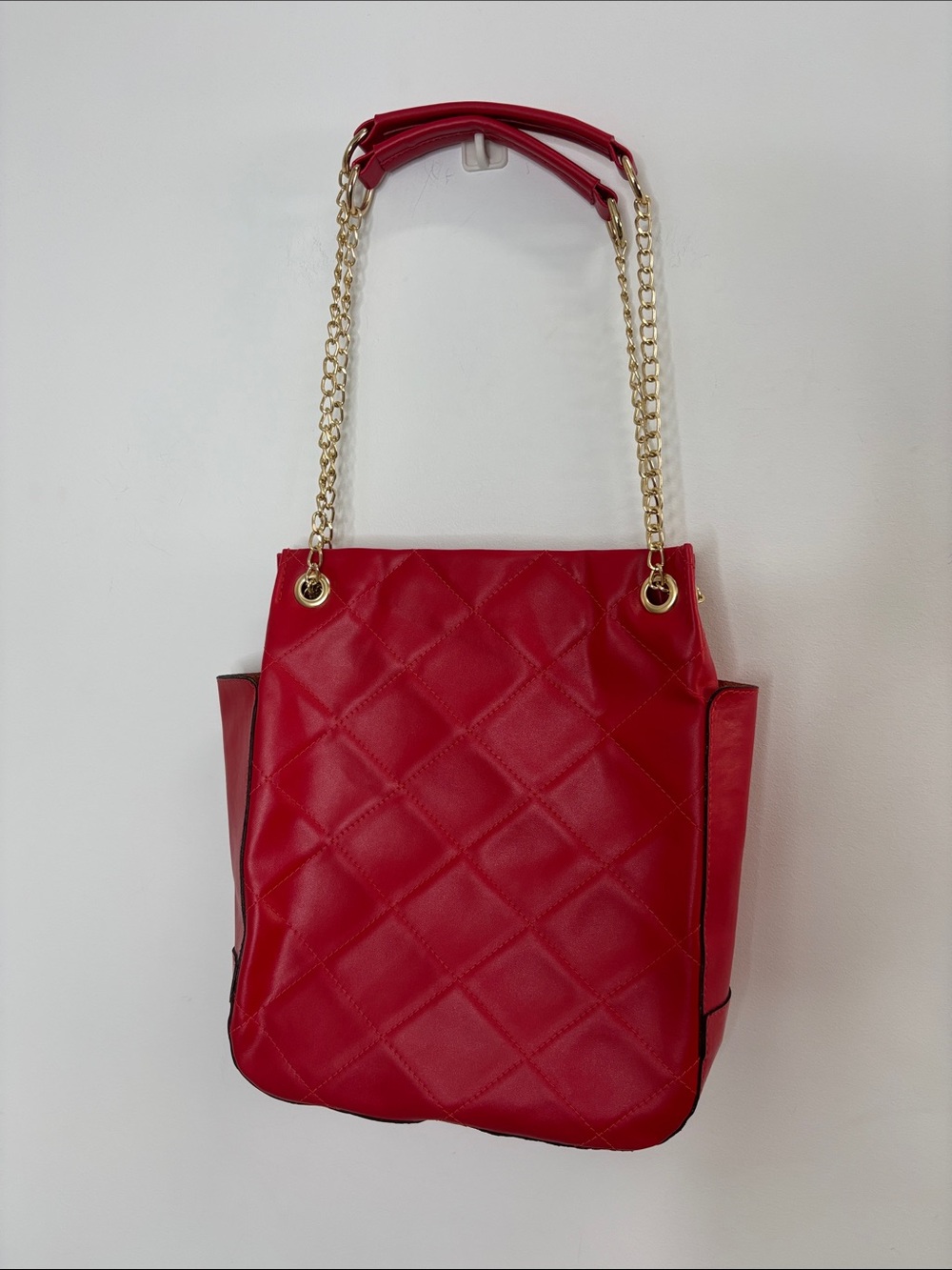 Quilted Red Shoulder Bag with Gold Chain Handles -